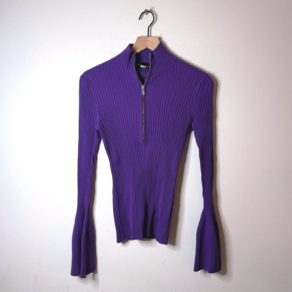 Proenza Schouler Purple Ribbed Half Zip Mock Neck Bell Sleeve Sweater Size M